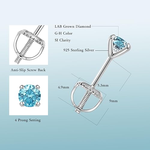 Lab-Grown Diamond Stud Earrings in Hypoallergenic Sterling Silver | Travel-friendly Secure Screw Back Post, for Sensitive Ears
