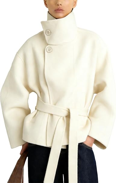 Women Cropped Pea Coat Wool Blend Stand Collar Fall Winter Warm Outfits Casual Elegant Belted Outwear