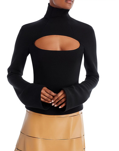 $525 A.W.A.K.E. Mode Chest Cutout Turtleneck Flared Sleeve Top, Black, 44