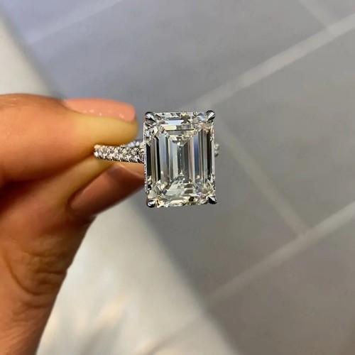 4 TCW Emerald Cut Moissanite Hidden Halo Engagement Ring 14K Solid White Gold