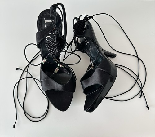 Vintage Christian Dior Black Sandals Heels Lace-Up Platform Size EUR 39 US 8.5-9