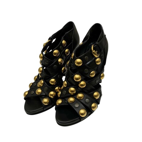Gucci Black Leather Gold Studded Caged Strappy Stiletto Sandals Heels 37.5