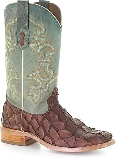 Corral Boots Men's Brown Pirarucu Handcrafted Cowboy Boots | Square Toe Western Boots with Turquoise Embroidery Design