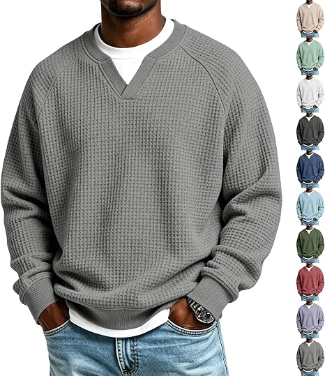 Mens Long Sleeve Shirt Waffle Knit Textured V Neck Pullover Sweatshirt