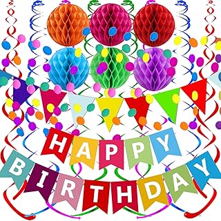 Happy Birthday Banner With Colorful Paper Flag Bunting Paper Circle Confetti Garland Swirl Streamers Honeycomb ball for Birthday Party
