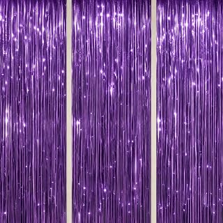 DECOCKRAT 3 Pack Foil Fringe Backdrop - Purple Shiny Tinsel Curtains for Party Decoration/Photo Booth Props