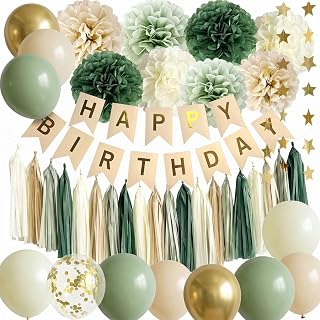 ANSOMO Sage Green Happy Birthday Party Decorations Retro Green Nude Ivory Dark Olive Kraft Paper Banner Balloons