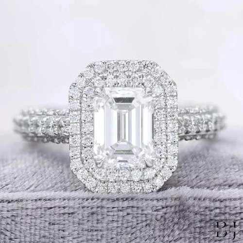 3.00 CT Emerald Cut Double Halo Moissanite Engagement Ring Solid 14K White Gold