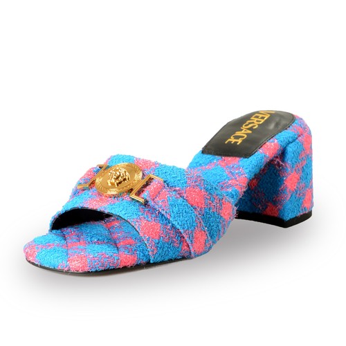 Versace Women's Lurex Check Gold Medusa Heeled Sandals Mules Shoes US 8 IT 38